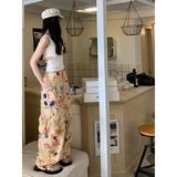 90s fashion American Graffiti Floral Print Casual Overalls Summer New Advanced Design High Waist Loose Mopping Trousers