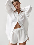 Taooba- Simple White Collared Long-Sleeved And Short Set