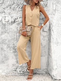 Taooba- Buttoned Sleeveless V-Neck Vest and Pants Suit