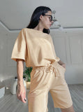 Taooba- Apricot Round Neck Top Loose High Waist Short Set