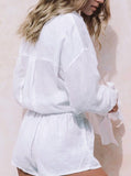 Taooba- White Long Sleeve Collared Button Shirt and Shorts Set