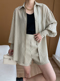 Taooba- French Stripe Long-Sleeved Shirt and Shorts Set