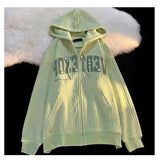 college outfits Milk Green American Retro Letter Embroidered Hooded Coat Women's Spring and Autumn Salt Loose Couple Sweater Cardigan