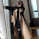 Taooba rainy day outfit Winter New Loose plus Size Color Matching Elegant Hepburn Style Slimming Woolen Coat Women's Long Belt Overcoat