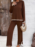 Taooba- Brown Long-Sleeve Shirt and Small Slit Long Pants Knitted Suit