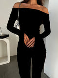 Taooba- Black Off Shoulder Asymmetrical Top and Pants Set