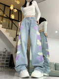 outfit ideas for school American-Style Light-Colored Butterfly Embroidered Jeans Women's Fashionable Design High Waist Loose Slimming Straight Wide-Leg Mopping Pants