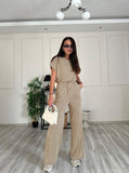 Taooba- Casual Round Neck Short Sleeve Top High Waist Wide Leg Pants Set