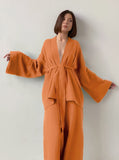 Taooba- Solid Color Crepe Long-Sleeves Loose Trouser Two-Piece Suit