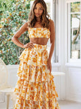 Taooba- Two Piece Orange Floral Crop Top and Layered Skirt