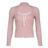 y2k Gentle Sweet Style Lace Stitching Lace Bow Tie Square Collar Top Pink Girl All-Match Lace Long Sleeve