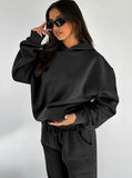 Taooba- Casual Black Hooded Long Sleeve Sweater and Trousers Set