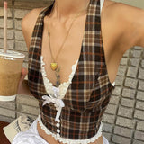 dti outfits INS Women's Clothing 2024 Summer New Fashion Sexy French Sweet Retro Plaid Halter Vest Top