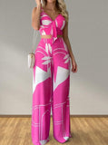 Taooba- Sexy Casual Printed V Neck Crop Top & High Waist Wide Leg Pants Set