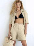 Taooba- Two Piece Solid Color Casual Half Sleeve Shirt and Shorts Set