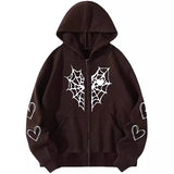 90s streetwear Autumn and Winter Fleece-lined Thickened Spider Web Love Printed Zipper Fleece-lined Warm Hooded Cardigan Jacket