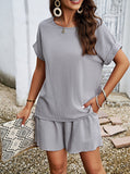 Taooba- Gray Women's Two Piece Short Sleeve Shirt Fashionable Shorts Set