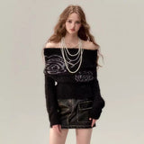 knitted French Rose Jacquard Sweater Woolen Personality Street Fashion off-Shoulder Waist-Tight Sweater