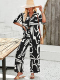 Taooba- Casual Black Overall Printed Loose Button Down Shirt and Pants Set