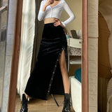 Taooba grunge outfits New Dark Style Sexy High Waist Skirt Slim Split Mid-Length Velvet Sheath Skirt