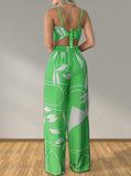 Taooba- Sexy Casual Printed V Neck Crop Top & High Waist Wide Leg Pants Set