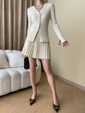 Taooba- Khaki Two Piece Knitted Pleated Cardigan and Skirt Set