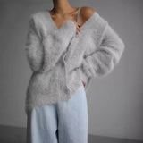 knitted Faux Mink Fur V-neck Knitted Cardigan for Women Autumn and Winter New Lazy Loose Long Sleeve Outer Sweater Coat