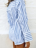 Taooba- Blue Two Piece Stripes Casual Long Sleeve Shirt Shorts Set