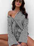 Taooba- Red Striped Button Down Long Sleeves and Shorts Set