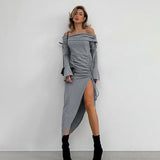 storm costume Gray Knitted off-Neck Tube Top Dress Women's Clothing 2024 Autumn and Winter Slim Flared Sleeve Sheath Bottoming Skirt