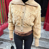 christmas dress women classy American Street Style Lapel Knitted Stitching Furry Short Coat Autumn and Winter Retro Breasted Waist-Tight Jacket