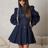 Taooba business casual outfits 2024 New Denim Shirt Dress Niche Lantern Sleeve Lace-up Temperament Fashion Dress