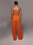 Taooba- Orange Lace-Up Tube Top and Mid Waist Wide Leg Pants