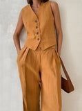 Taooba- Solid Color Buttoned Vest and Lose Pants Set