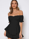 Taooba- Sexy Black Off Shoulder Tie Waist Top and Short Set