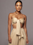 Taooba- Beige Lace-Up Tube Top and Mid Waist Wide Leg Pants