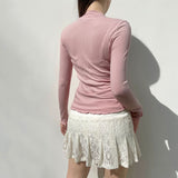 y2k Gentle Sweet Style Lace Stitching Lace Bow Tie Square Collar Top Pink Girl All-Match Lace Long Sleeve