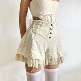  Street Style Waist Lace-up Ruffled Flower Bud Shorts Hot Girl Fashion Single-Breasted Stitching Slimming Casual Pants