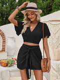 Taooba- Elegant Short Sleeve Crop Top Front Tie Shorts