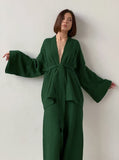 Taooba- Green Crepe Long-Sleeves Loose Trouser Two-Piece Suit