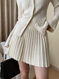 Taooba- Khaki Two Piece Knitted Pleated Cardigan and Skirt Set