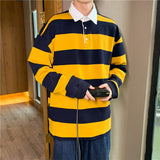 90s fashion men Spring and Autumn New Versatile Casual Hong Kong Style Striped Loose Sweater Korean Style Trendy Lapel Polo Shirt Bottoming Shirt