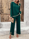 Taooba- Knitted Solid Color Long-Sleeve and Small Slit Long Pants Suit