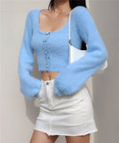 Taooba Aria Rose Button Fuzzy Crop Cardigan in Blue