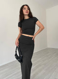 Taooba- Casual Black Round Neck Crop Top and Skirt Set