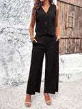 Taooba- Black V-Neck Buttoned Vest Casual Set Suit