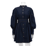 business casual outfits 2024 New Denim Shirt Dress Niche Lantern Sleeve Lace-up Temperament Fashion Dress