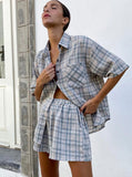 Taooba- Basic Plaid Button Down Short Sleeve Tops and Shorts Set