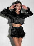 Taooba- Two Piece Black Feather Home Clothes Long Sleeve Shorts Set