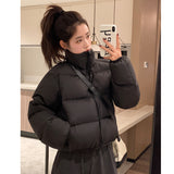 egirl style Black Short down Jacket Women's Winter 2024 Lightweight Thickened College Style Stand Collar White Duck down Kendou Style Bread Coat